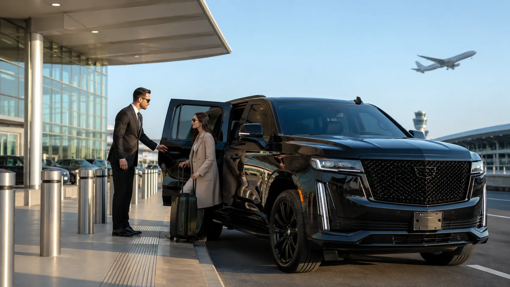 Professional chauffeur assisting a traveler with luggage at an airport curbside pickup, with a departing flight overhead