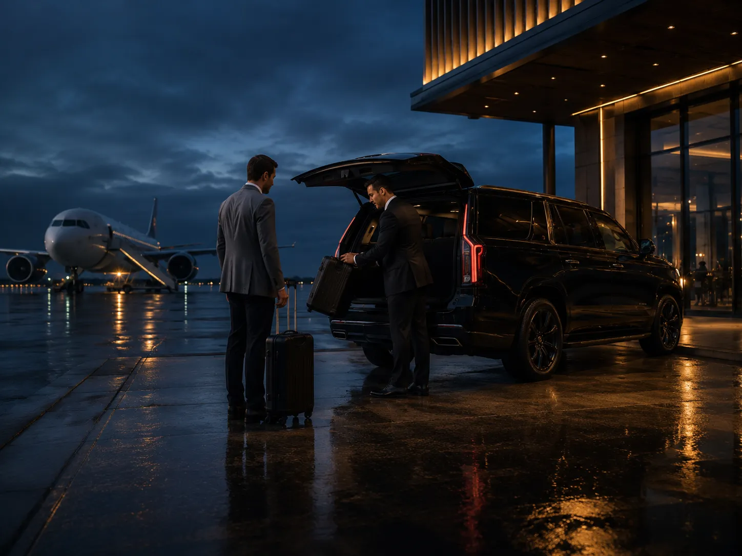 Chauffeur loading luggage into an SUV on the airport tarmac at dusk while a traveler waits with their suitcase