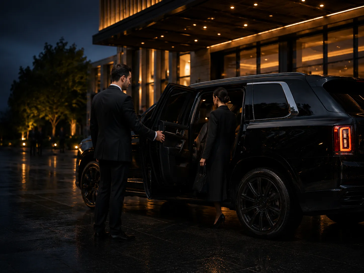Chauffeur opening a rear passenger door for a client at a lit hotel entrance at night