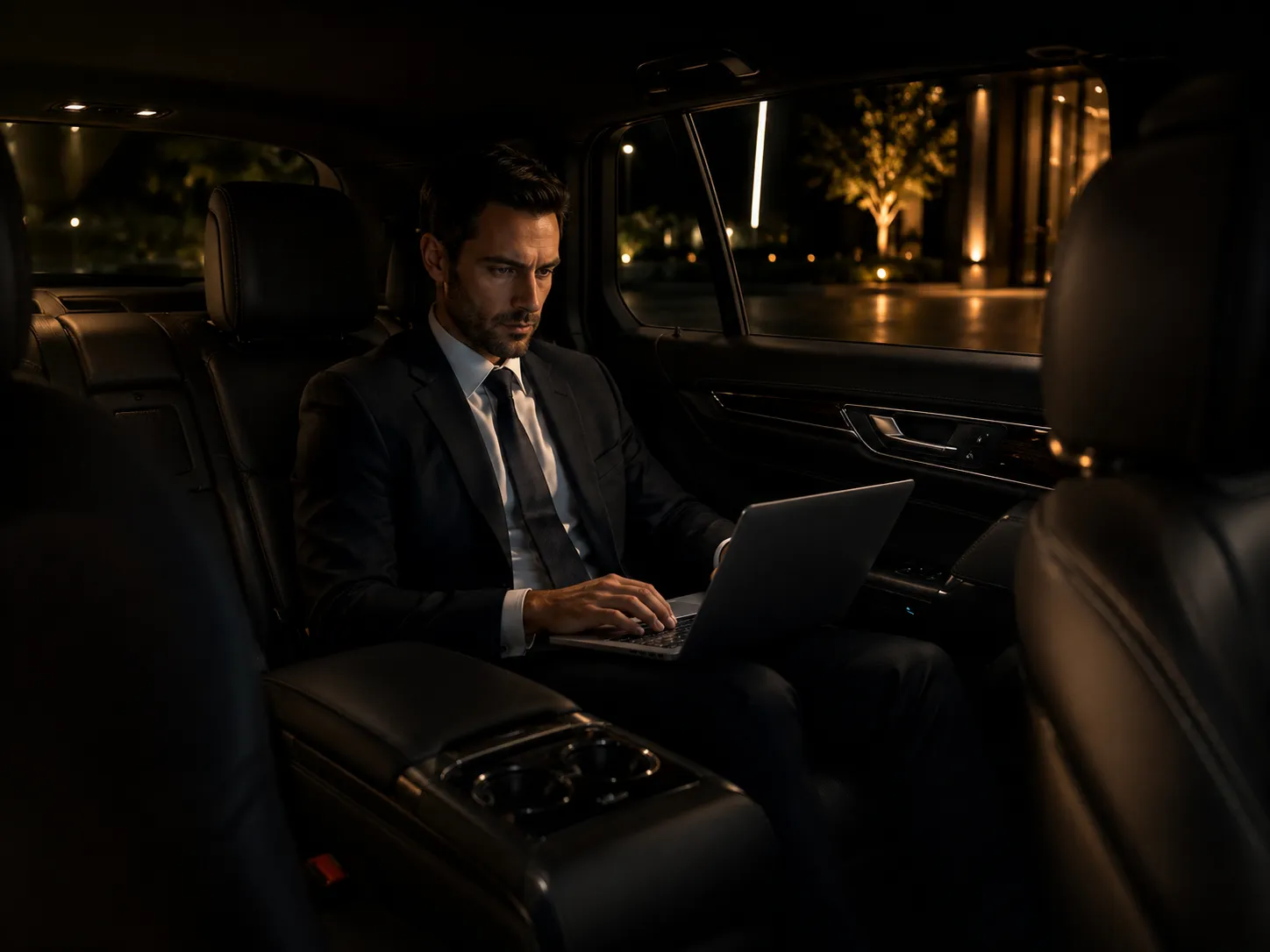 Executive working on a laptop in the back seat of a chauffeured vehicle at night