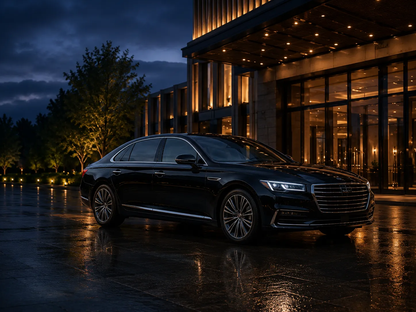 Black executive sedan parked under a lit hotel entrance canopy at night