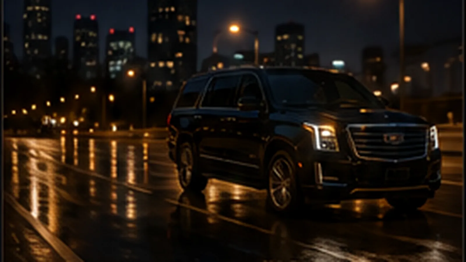 Black executive SUV traveling through a city at night