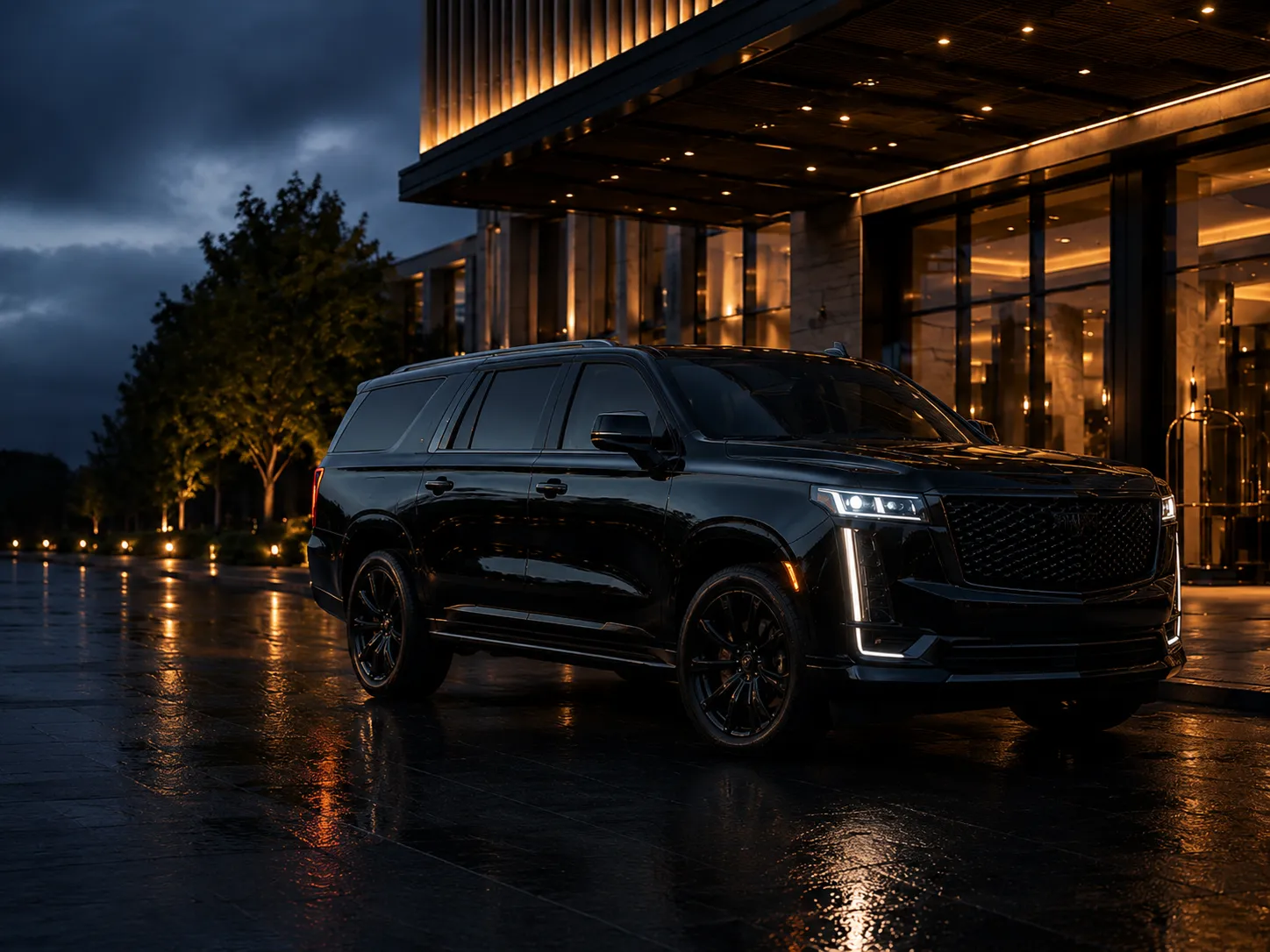 Black luxury SUV parked under a lit hotel entrance canopy at night