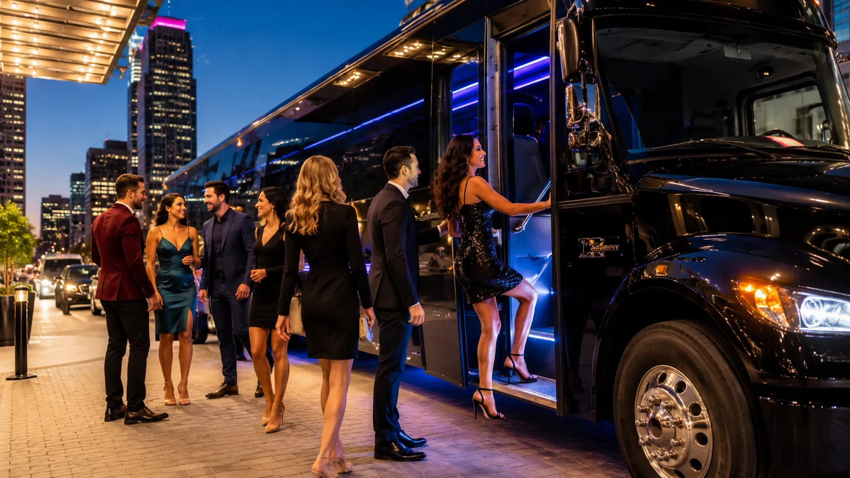 Group in formal attire boarding a premium party bus for a night out, with the city skyline behind them