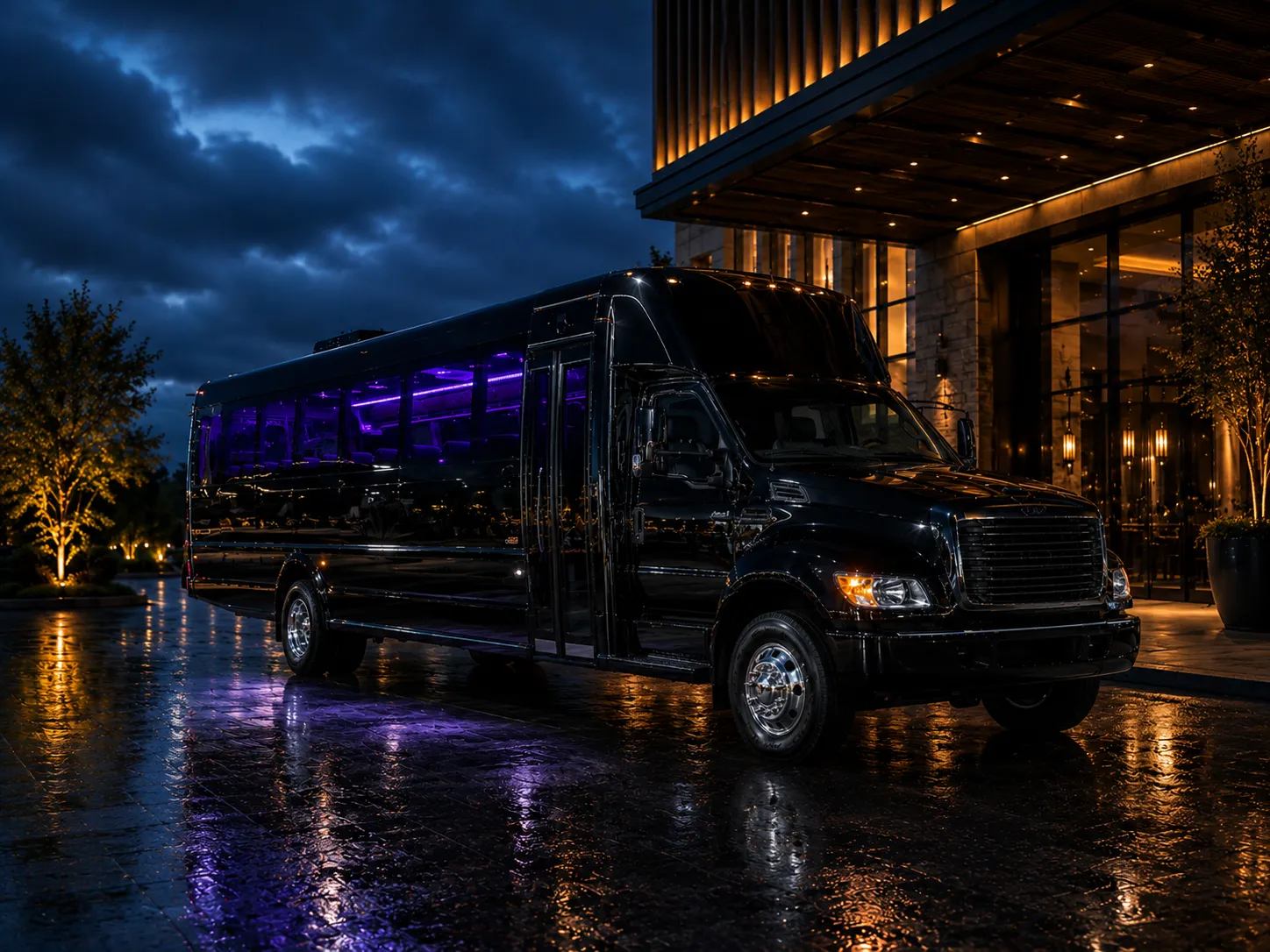 Black Party Bus outside an upscale venue at night