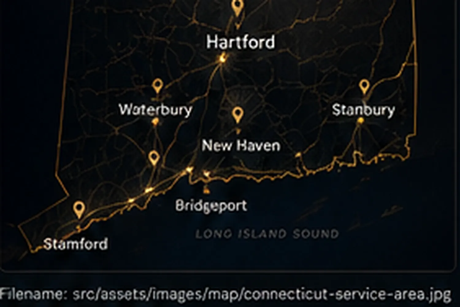 Stylized Connecticut service-area map with major cities and airport markers