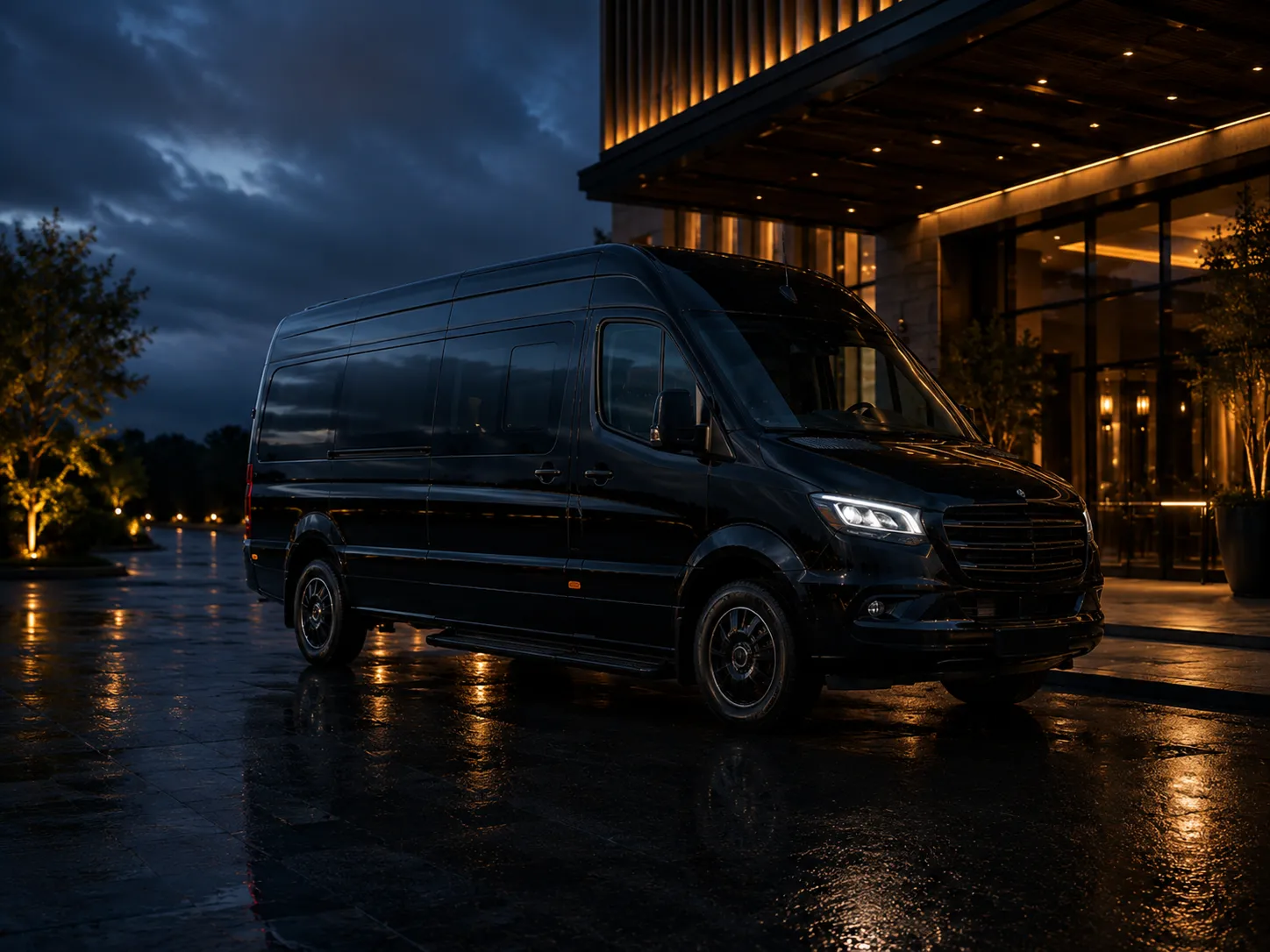 Black sprinter-style executive van parked under a lit hotel entrance canopy at night — reused from the fleet sprinter van photo