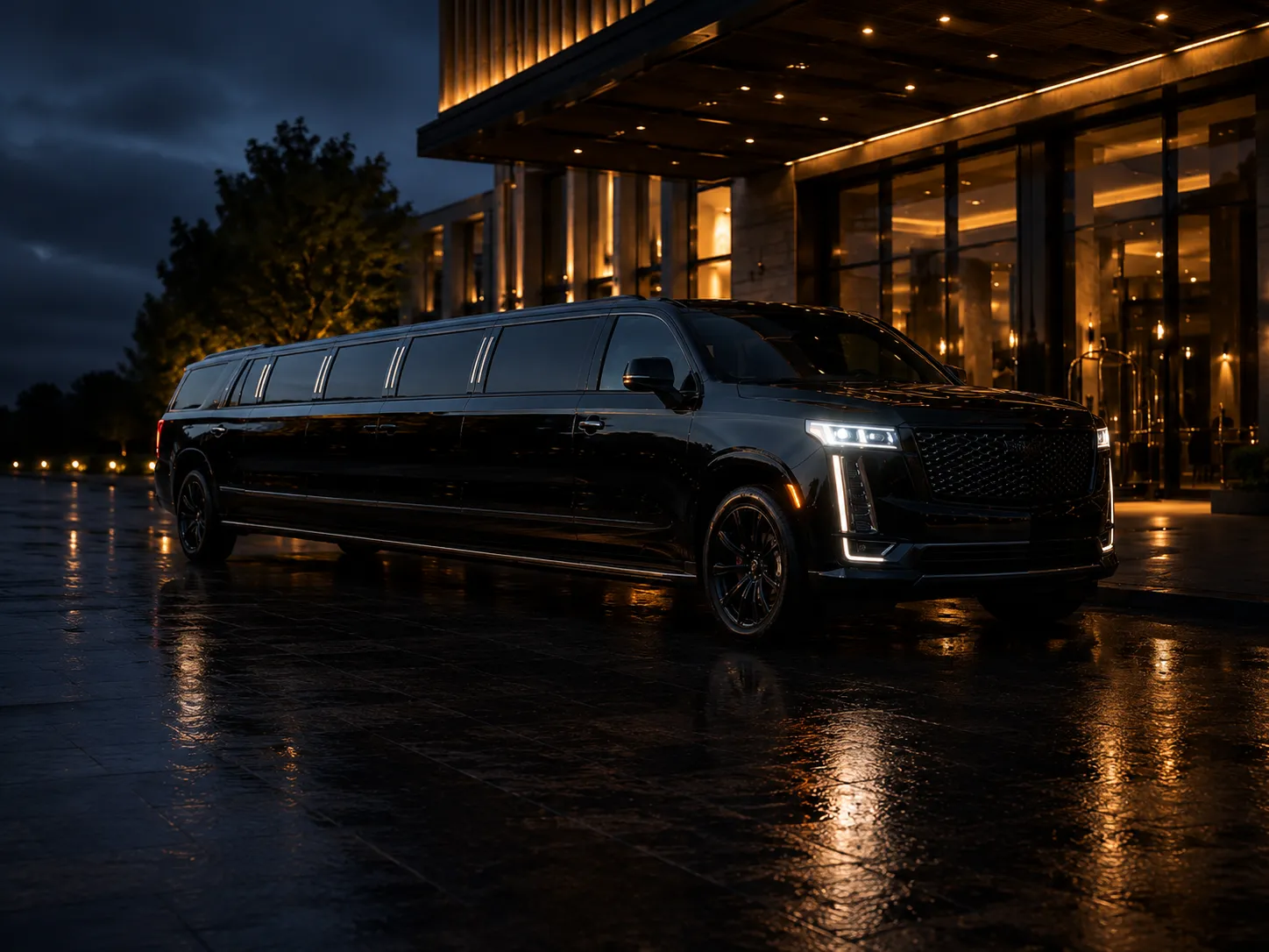 Black stretch SUV limousine, full-length view, parked under a lit hotel entrance canopy at night