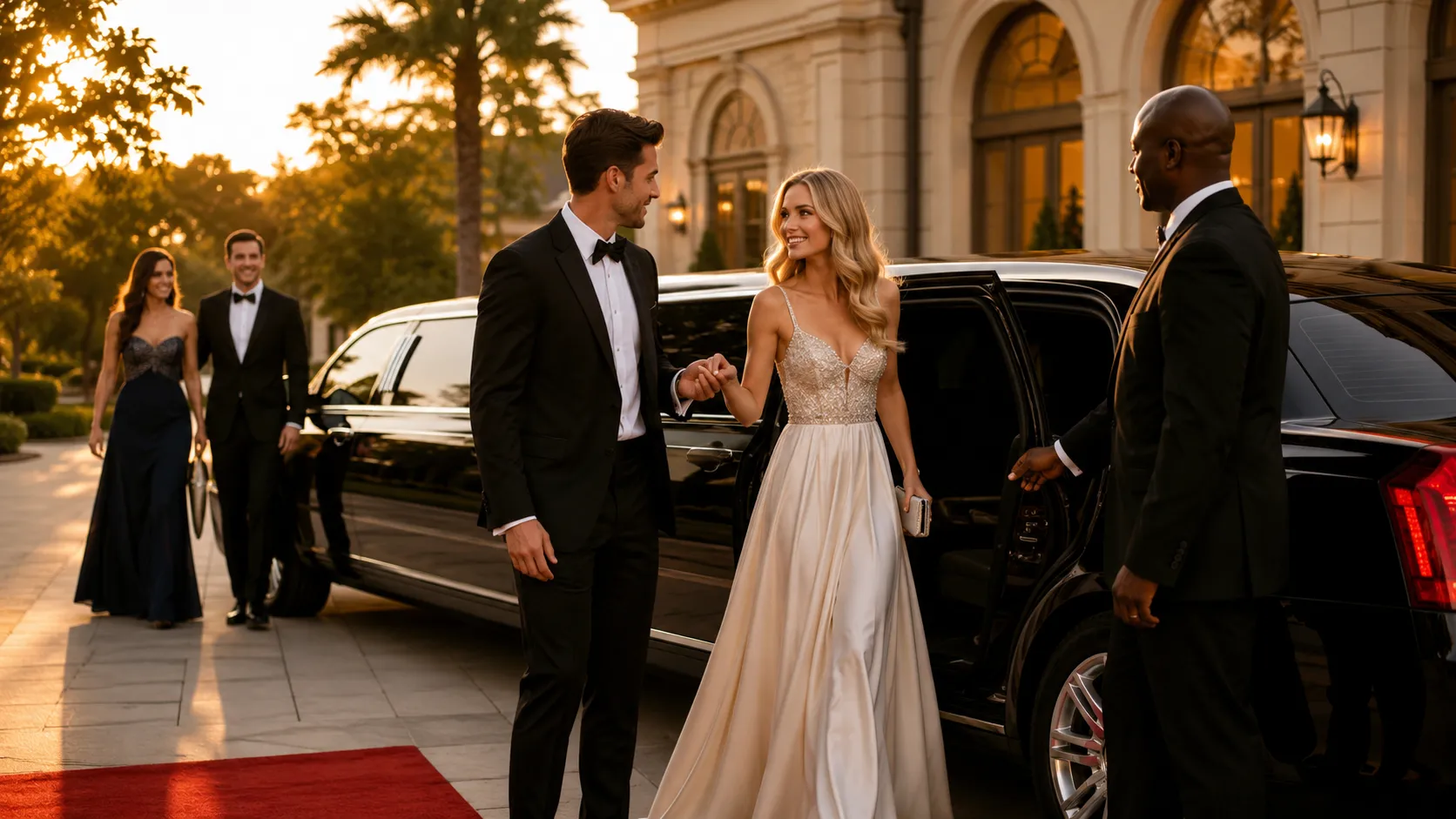 Friends in formalwear arriving by stretch limousine at a lit venue entrance for a prom or formal event