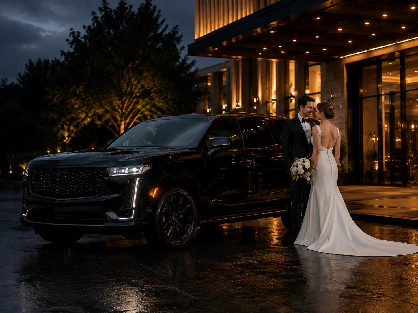 Bride and groom beside a black SUV limousine outside a lit venue entrance at night